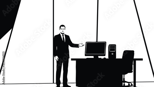 Minimalist silhouette vector close up businessman in suit pointing at desktop computer on office desk standing near window gesturing with free hand dramatic high contrast lighting