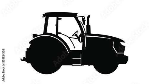 Black silhouette of a modern farming tractor against a plain white background