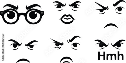 Line art emoticon icon set close up expressive angry skeptical eyes glasses pursed lips various mouth shapes on white background flat vector bold high contrast minimal