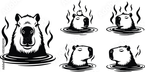 Tattoo flash close up capybara head steaming in hot spring three quarter view with water ripples black ink vector art bold high contrast calm serene mood
