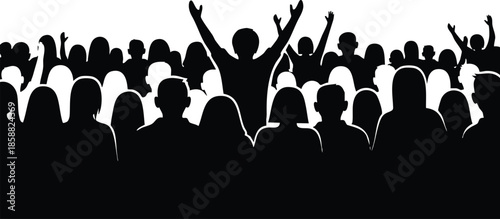 Flat design close up silhouette crowd with central figure raising both arms in celebration at concert rally stage black and white high contrast energetic vector illustration