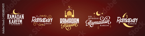 A collection of five unique Ramadan Kareem Mubarak logos featuring various Islamic symbols.