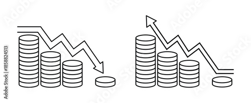 Inflation and Economic Crisis Icon Set Vector with Financial Market Crash, Arrow Up and Down Chart on Stacks of Coins, Black Line Flat Illustration for Recession, Finance and Business Concept