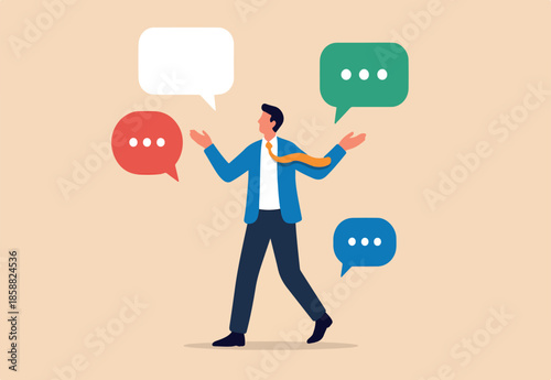 Communication management, PR public relation, handle public comment or social criticism, meeting summary or discussion talk, conversation or dialog concept, businessman manage speech bubble balloons