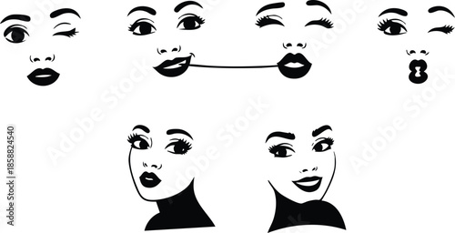 Flat design stylized female faces showing varied eye and mouth expressions including wink smiling pout open lips side profile three quarter minimal black white vector icons