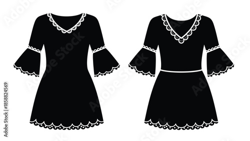 Black dresses with flared sleeves and decorative neckline details displayed isolated