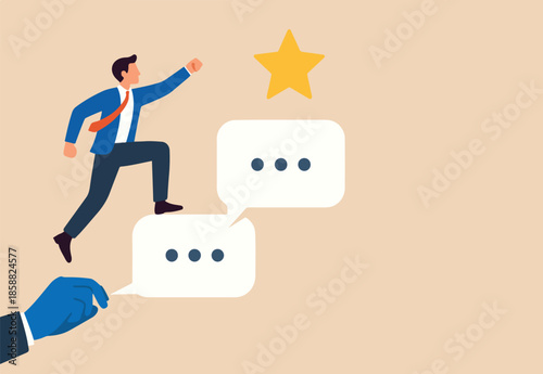 Communication for success, effective meeting or discussion to get solution and achieve target, meeting or conversation to reach goal concept, businessman climb up conversation bubble to reach star.