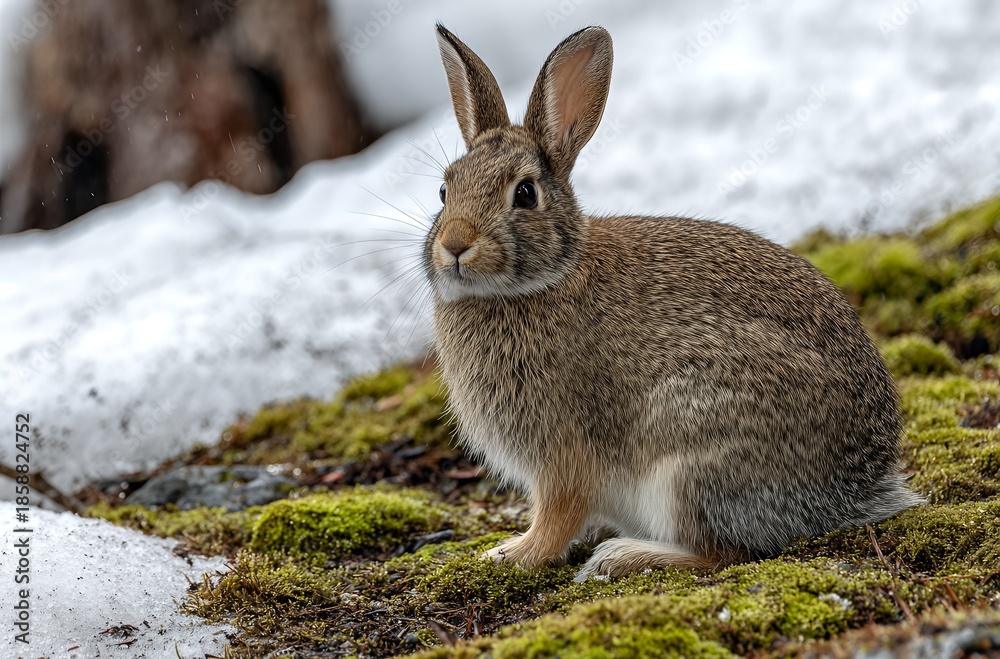 Fototapeta premium A brown wild rabbit with long ears sits attentively on a patch of vibrant green moss next to melting snow on a cool day in its natural habitat.