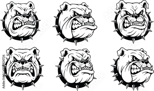 Tattoo flash close up snarling bulldog head with spiked collar and bared teeth set of six mascot faces in black ink line art aggressive vibe collection