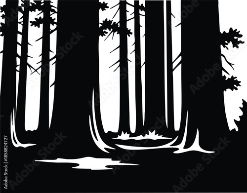Silhouette high contrast close up pine forest panel showing tree trunks reflected in still water framed rectangle composition minimal foreground negative space black white vector art