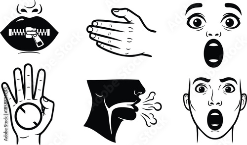 Line art set of six respiratory hygiene and facial expression icons showing coughing sneezing hand gestures open mouth surprised face profile in monochrome minimal black white