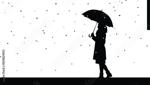 Minimalist silhouette side view woman walking with umbrella in rain platform high contrast black and white vector illustration wearing coat boots low angle urban scene reflection