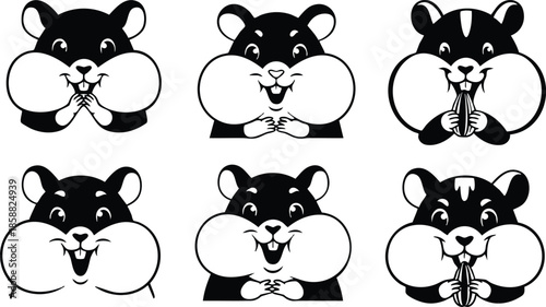 Line art front view six hamster faces with puffed cheeks holding seeds various expressions arranged in two rows black and white vector design playful cute minimalist