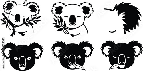 Line art koala face set with eucalyptus leaf variations showing sleeping winking neutral expressions frontal portrait black and white vector icons logo badge minimal monochrome sticker