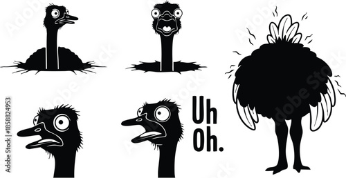 Line art close up ostrich head popping from ground set showing five expressive views including surprised confused peeking and full body rear view monochrome vector stickers