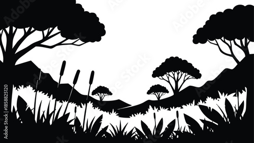 Silhouette vector savanna landscape with acacia trees tall grasses rolling hills distant trees high contrast panoramic composition black and white foreground silhouetted minimalist scene wide format