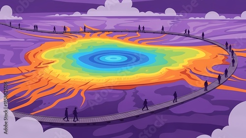 People walking on bridge over vibrant swirling pattern