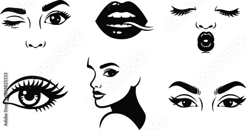 Line art close up eye and face elements set including winking eye smiling lips profile portrait bold graphic icons for beauty design monochrome minimalist silhouette pack