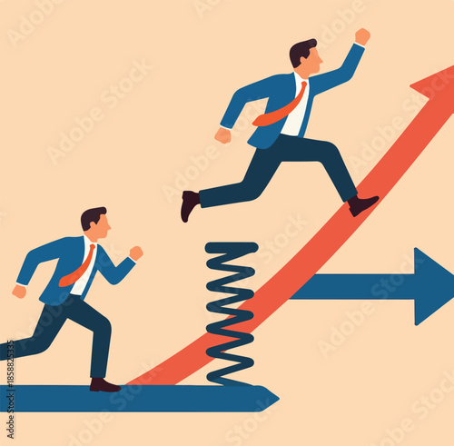 Competitive advantage or innovation to outsmart and overtake business winning, strategy or smart way to win business or career growth concept, businessman jumping springboard to outsmart competitor.
