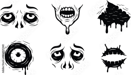 Tattoo flash line art set of six dripping ink horror faces close up vector icons with hollow eyes open mouths high contrast black moody uneven splatter