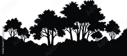 Silhouette vector tree line horizon close up mixed trees and shrubs black profile on white background side view landscape minimalist flat design layered foliage edges varying