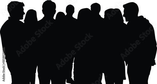 Silhouette vector group close up crowd of diverse people standing together looking forward isolated white background studio lighting bold minimal composition front view strong contrast shadowed