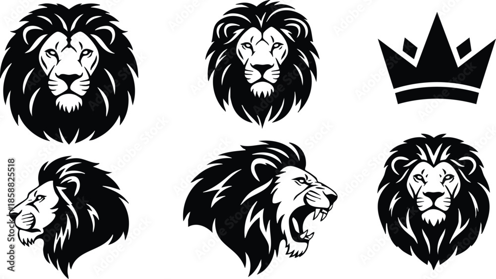 Obraz premium Mascot vector logo set featuring six black and white lion head silhouettes including roaring profile facing left three frontal heads and crown emblem bold high contrast