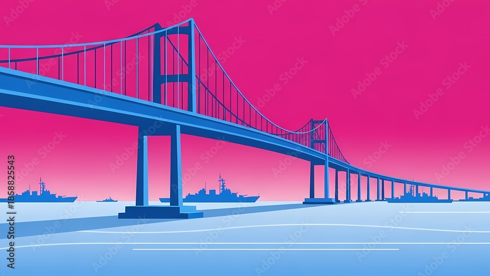 Fototapeta premium Suspension bridge over water with ships