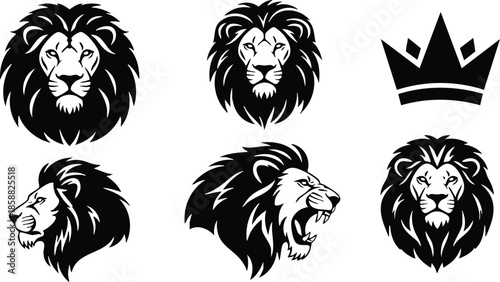 Mascot vector logo set featuring six black and white lion head silhouettes including roaring profile facing left three frontal heads and crown emblem bold high contrast