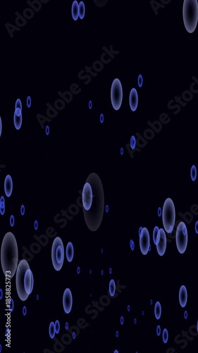 Abstract bubble animation blue dark background seamless loop science technology vertical video. Animated blue glowing spheres bubbles floating particles space galaxy cosmos vertical video.