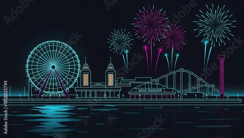 Vibrant amusement park scene with fireworks at night