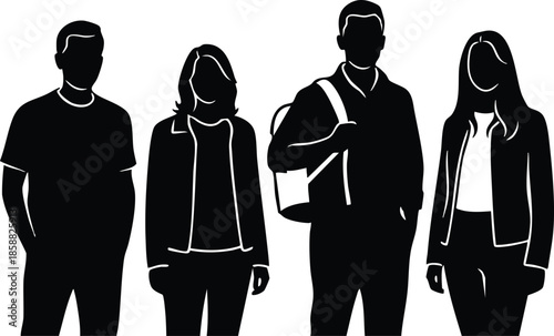 Silhouette vector flat design four standing adults front view full body with shoulder bag backlit high contrast minimalist two men two women looking at camera