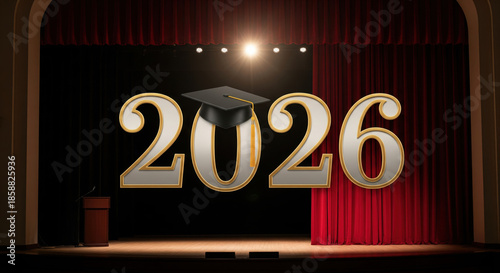 2026 New Year text with black graduation cap and tassel on auditorium stage with red curtains and soft spotlights. academic celebration concept
