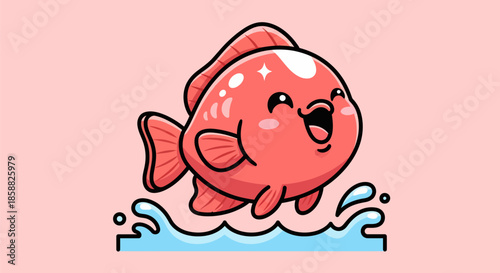 Cute cartoon red fish jumping out of water.