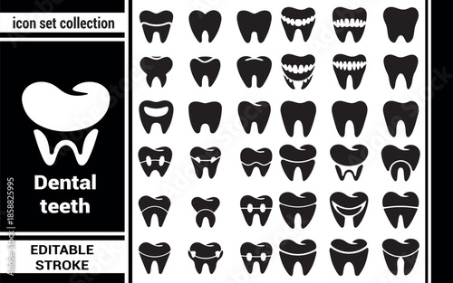 Collection of diverse dental teeth icons representing oral health and conditions