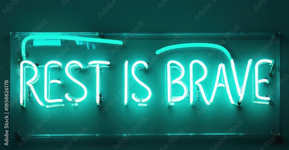 Obraz premium Bright turquoise neon sign displays text Rest Is Brave. Dark background emphasizes glowing lettering, simple rectangular shape. Positive message.