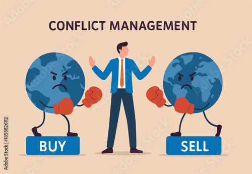 Conflict management, leadership skill to compromise and solving argument problem, negotiation or stop fighting concept, businessman leader stand in the middle to stop conflicted boxing globe fighting.