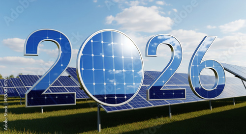 2026 New Year text with shiny solar panel in large solar farm under bright sunlight. renewable energy sustainability and green technology theme