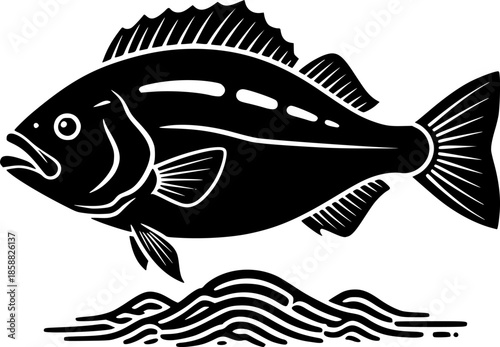 Minimalist flounder illustration in sumi-e art style with flowin
