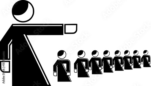Black and white illustration of a leader guiding his team toward
