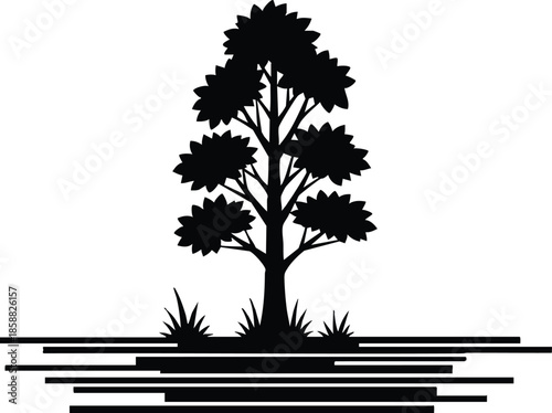 Silhouette minimalist vector tree with layered canopy and stylized horizontal reflection lines over small island and grass tufts high contrast black and white isolated centered composition