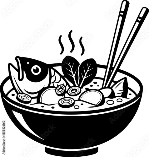 Stylized Sinigang Bowl Illustration with Chopsticks in Monochrom
