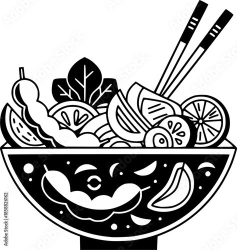 Stylized Sinigang Bowl Illustration with Chopsticks in Monochrom
