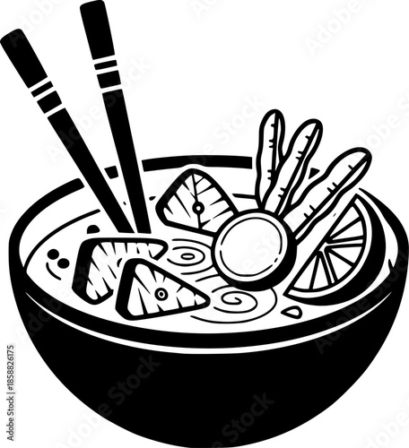 Stylized Sinigang Bowl Illustration with Chopsticks in Monochrom
