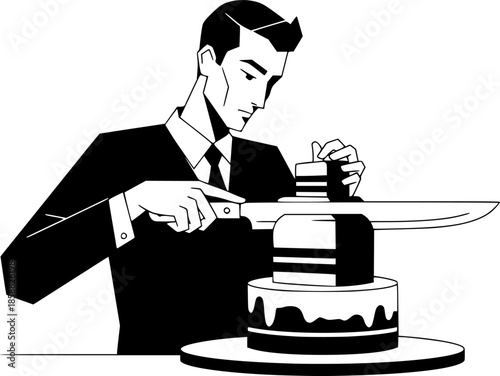 Monochrome illustration of a man meticulously cutting a cake wit

