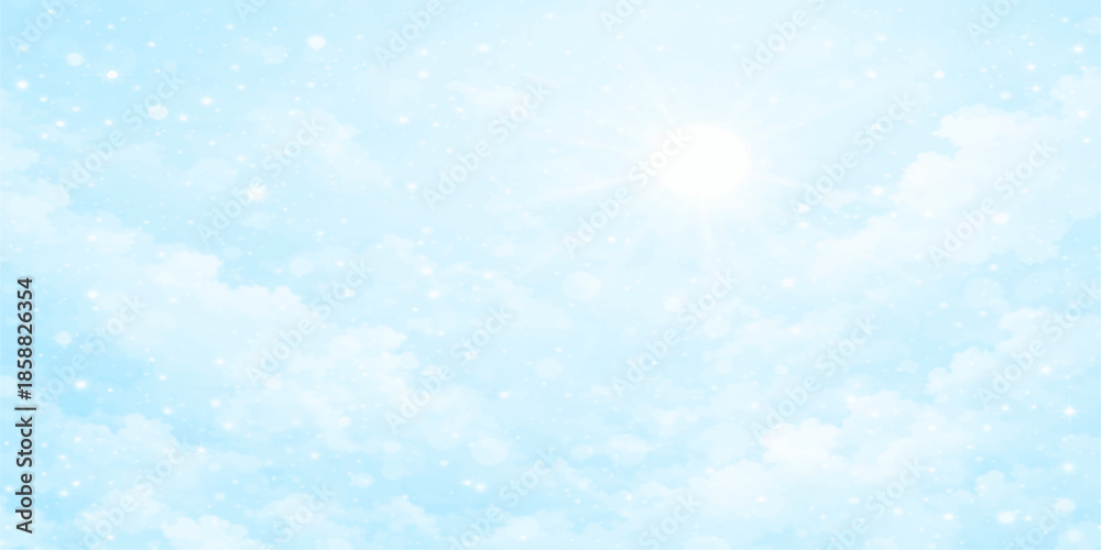 Fototapeta premium Abstract blue background with white clouds, bright sun, and clear sky, conveying a sunny summer day