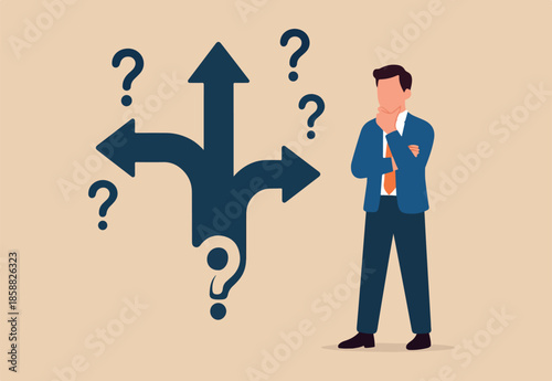 Confusion, frustration or decision making, mess, dilemma or complicated problem, lack of understanding, uncertain concept, confused frustrated businessman look at direction arrows with question marks.