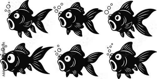 Line art six black goldfish with open mouths and bubbles arranged in two rows repeated pattern on white background flat vector stamp style side view isolated