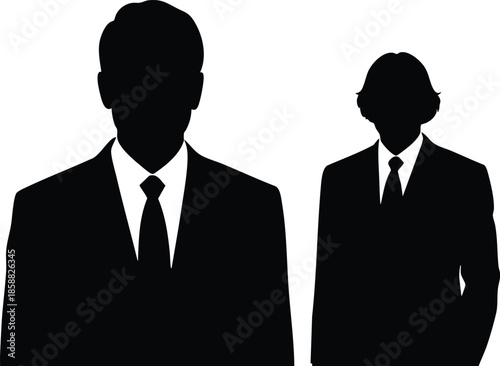 Minimalist silhouette vector close up of two business figures one in front one behind wearing suit and tie standing side by side corporate icon flat design