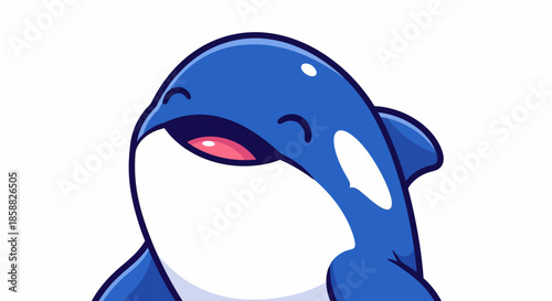Cute cartoon killer whale smiling with mouth open.